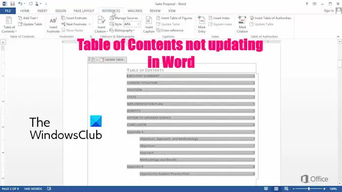Word Table of Contents not updating