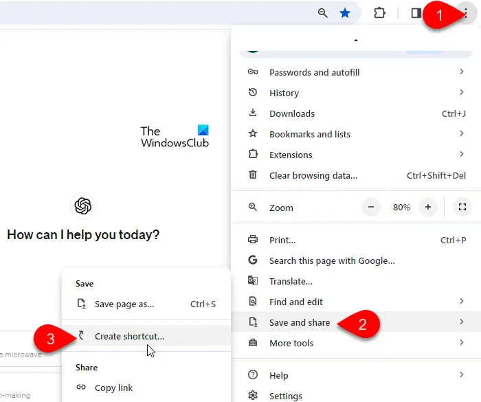 Create shortcut option in Chrome