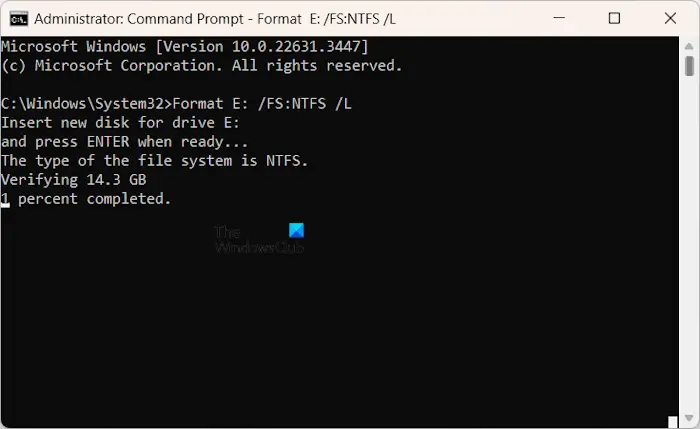 Format NTFS drive with L parameter