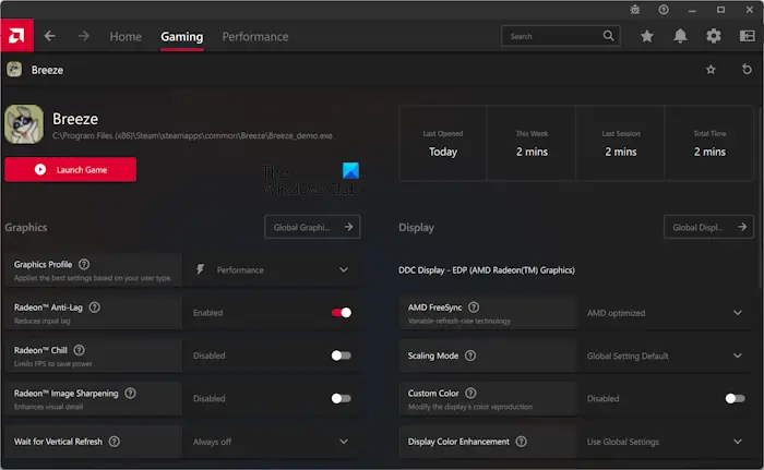 Gaming settings AMD Software Adrenalin Edition