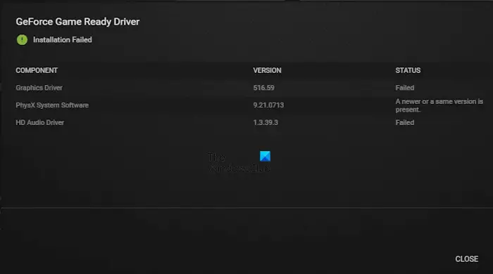 GeForce Experience driver installation failed