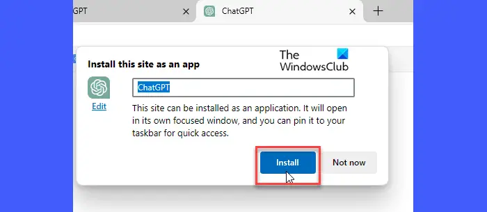 Install as app confirmation in Edge