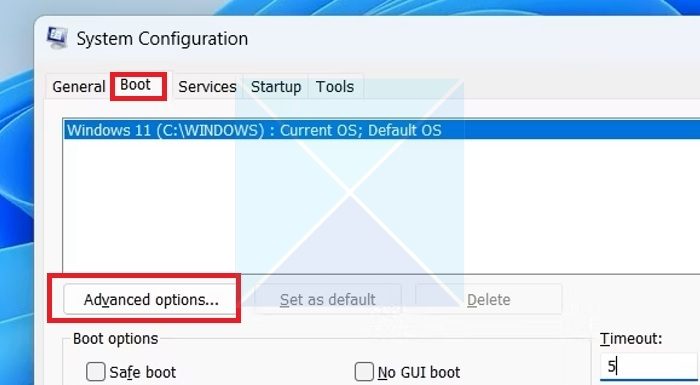 Opciones avanzadas de arranque de Msconfig