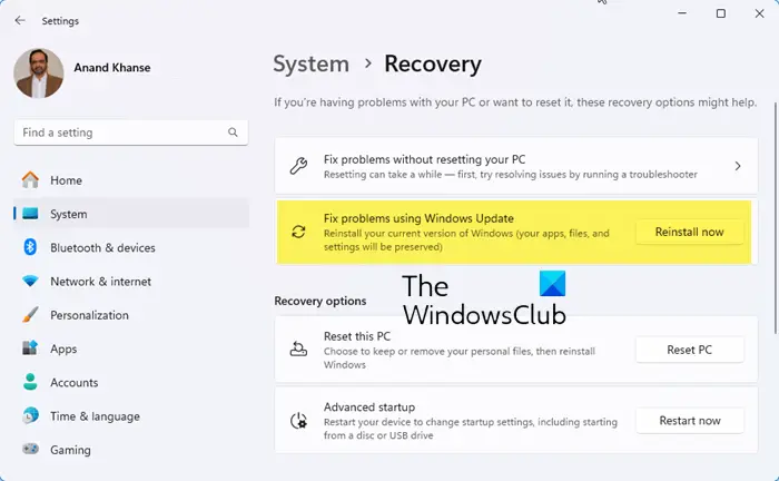 Reinstall Windows 11 using Windows Update