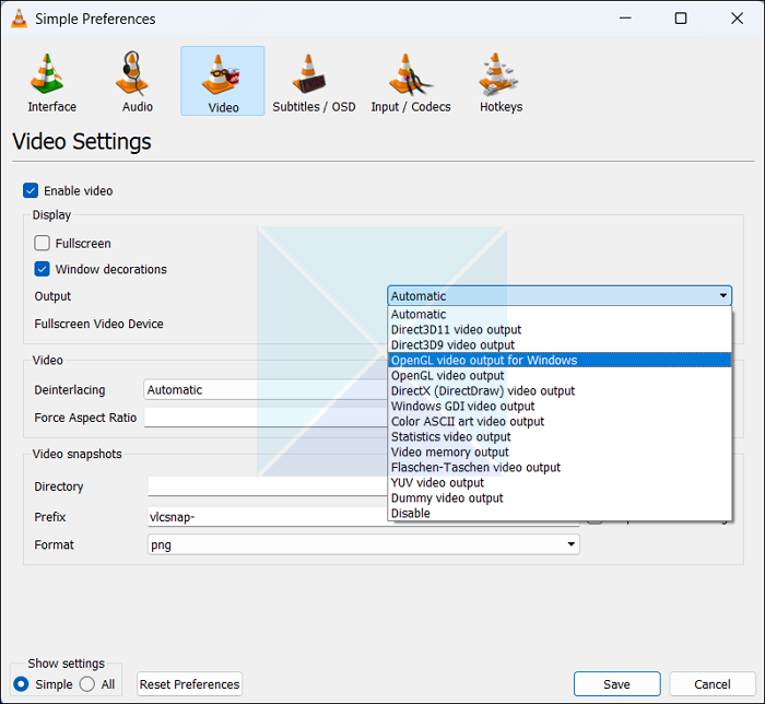 Select Opengl Video Output For Windows Vlc Screen Flickering