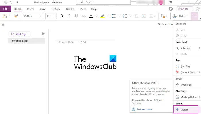 Dictation not working or showing in OneNote