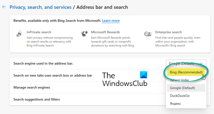 switch from Google to Bing on Edge