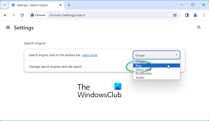 switch to Bing from Google Search on Chrome