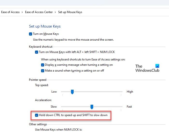 Set up Mouse Keys in Control Panel