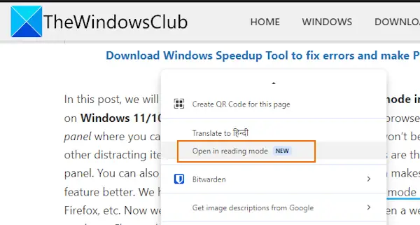 open reading mode context menu