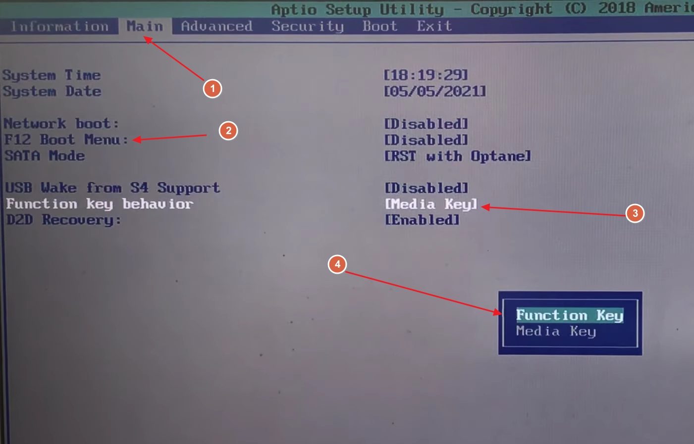 Set function key behaviour in BIOS