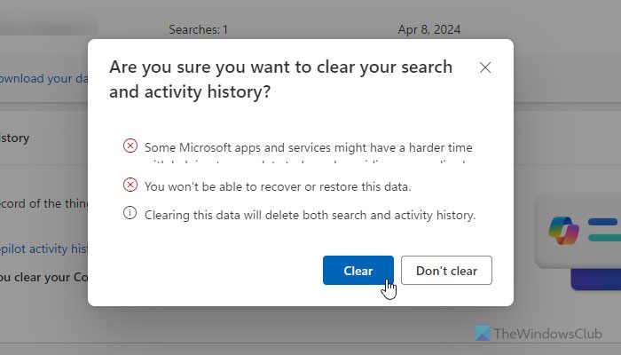 How to delete all AI logs permanently from Copilot on PC