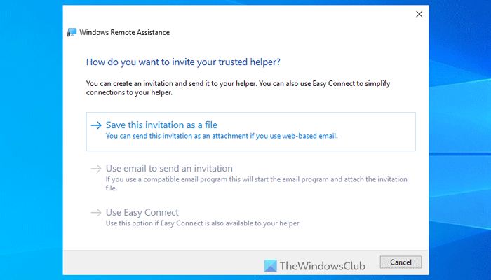 Use email to send an invitation option grayed out in Windows Remote Assistance