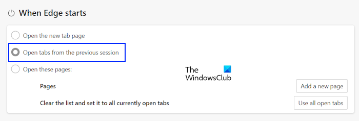 Restore previous session Edge on startup