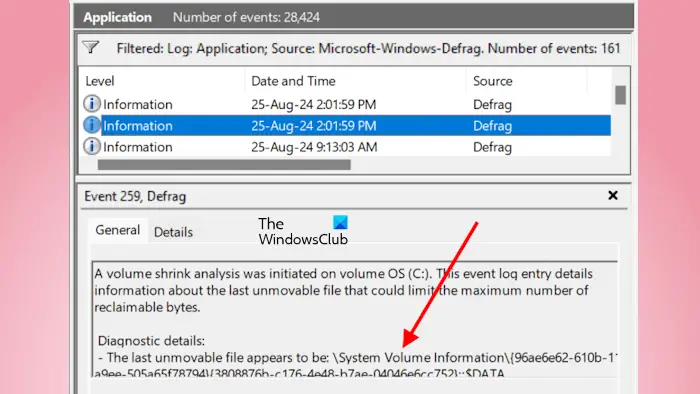 Unmovable file information Event Viewer