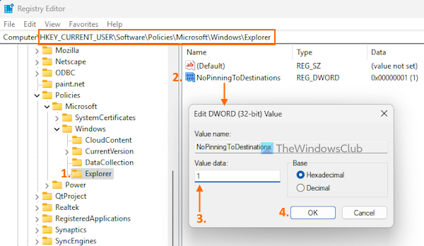 disable pin items jump list registry