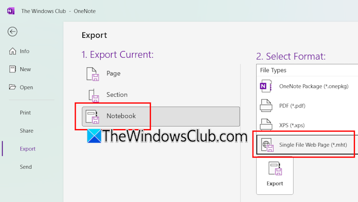 Export OneNote notebook as MHT