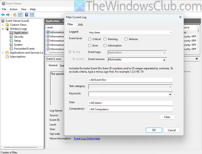MSIInstaller Event Log Windows