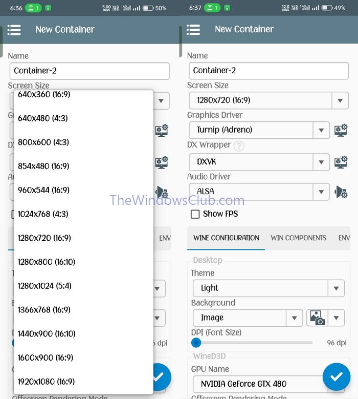 Select Resolution Containers Winlator