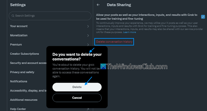 delete grok conversation history web