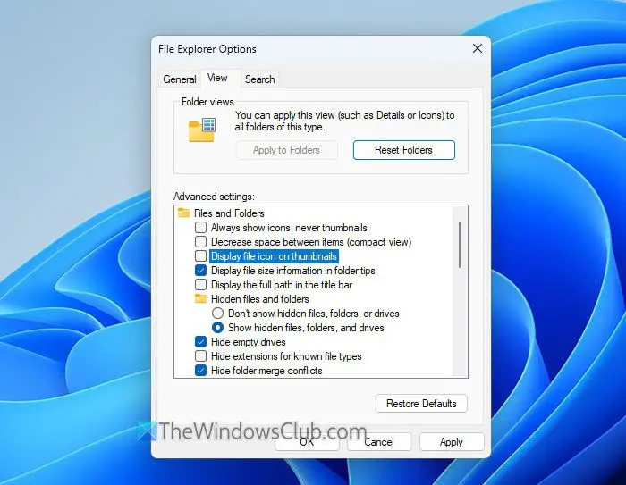 How to show or hide file icon on thumbnails in Windows 11/10
