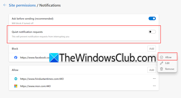 Check notification settings in Edge