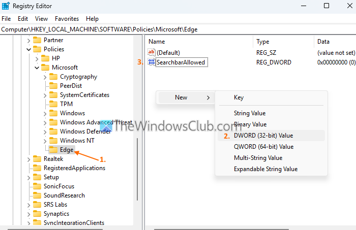 enable disable edge search bar registry