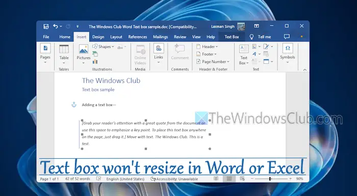 text box wont resize word excel