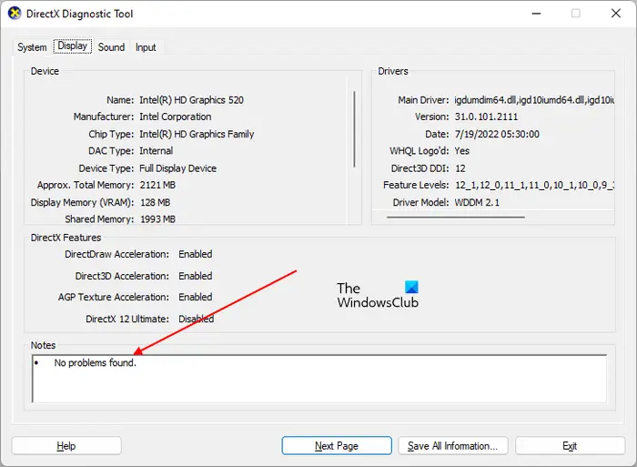 Check GPU health using dxdiag tool