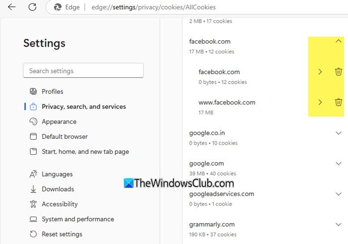 Clear Cookies and Cache for specific site in Edge