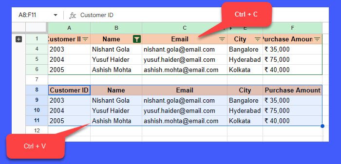 Copy-Paste visible cells Google Sheets