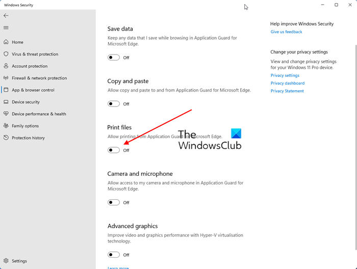 Enable disable Print from Application Guard