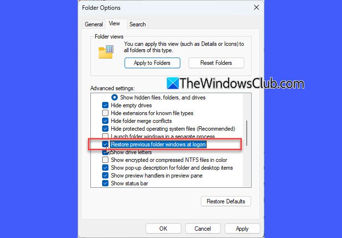 Restore previous folder windows at logon.