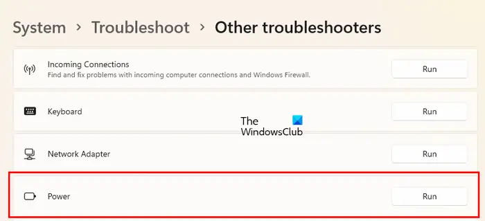 Run Power Troubleshooter Windows 11