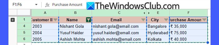 Select visible cells in Google Sheets