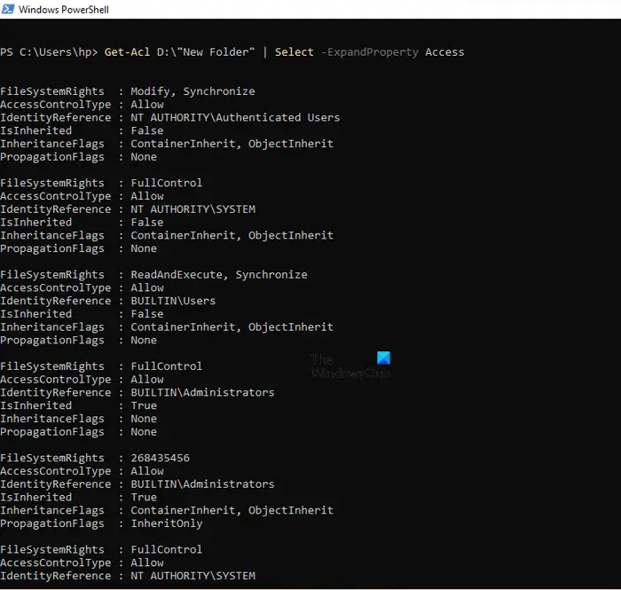 Use Get-Acl command with Access parameter