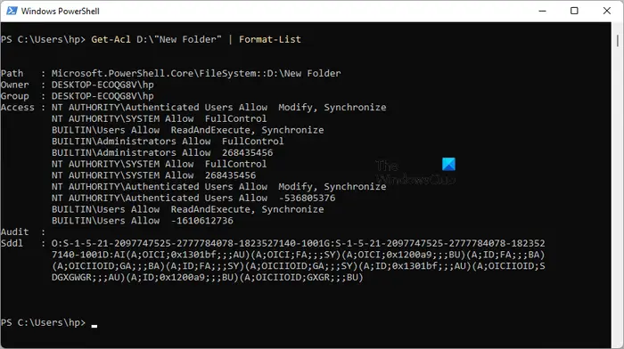 Use Get-Acl command with Format-List parameter