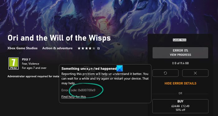 Xbox Game Pass Error Code 0x800700e9