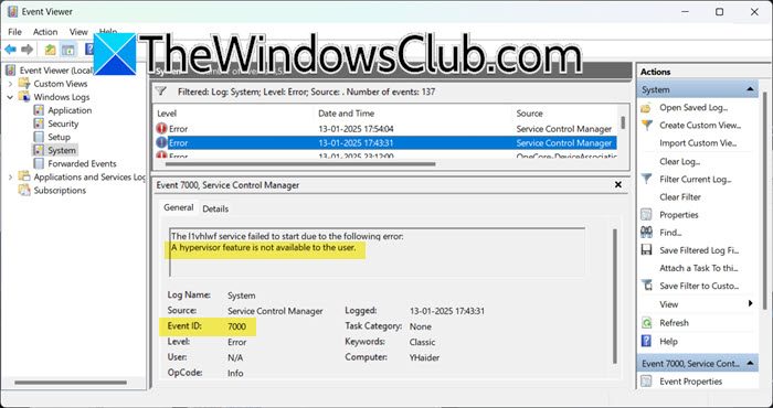 A hypervisor feature is not available to the user, Event ID 7000