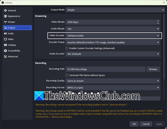 Change Video Encoder in OBS