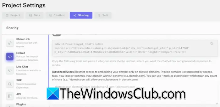 Copy the Embed code CustomGPT