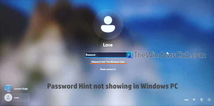 password hint not showing windows