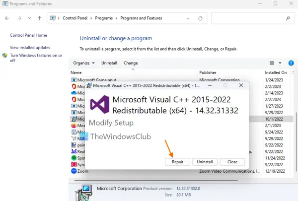 repair microsoft visual c++ redistributable package