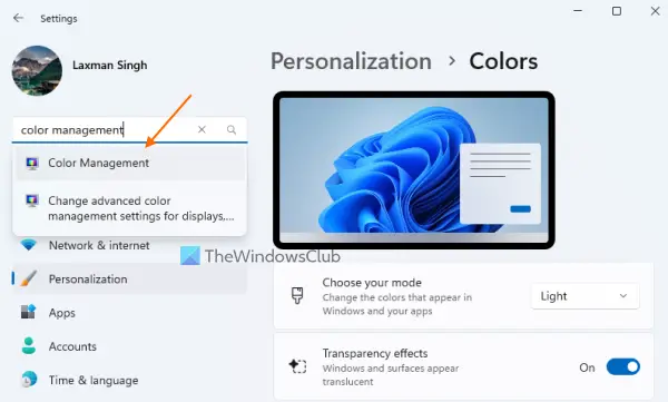 use settings app to open color management