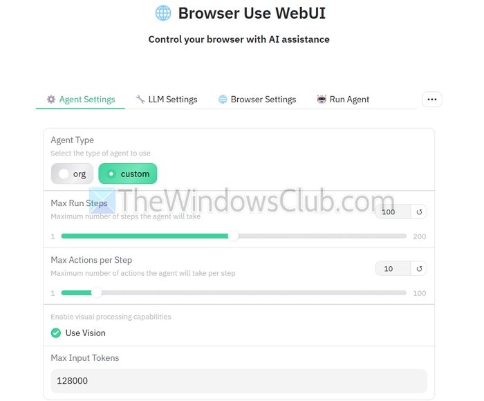 Browser use WebUI Agent Settings