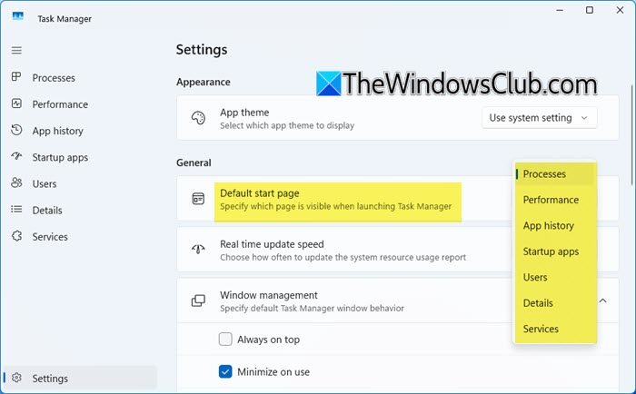 Change Default Startup Tab of Task Manager