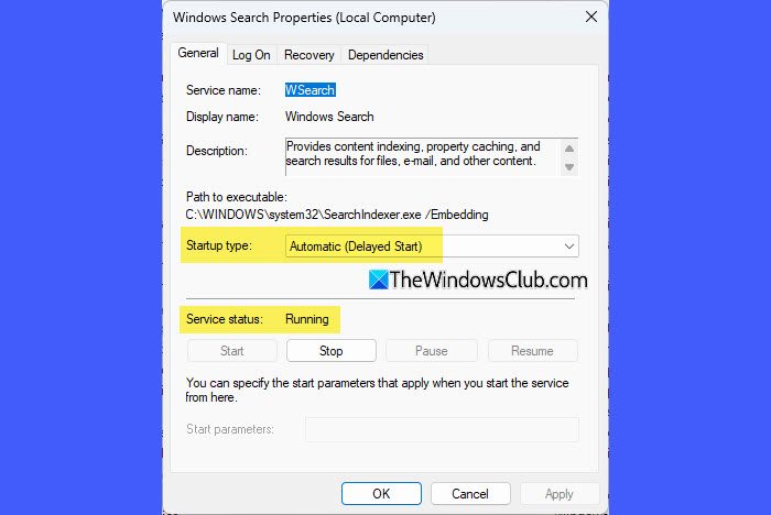 Correctly configure the Windows Search service