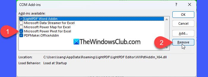 Remove Excel Add-ins