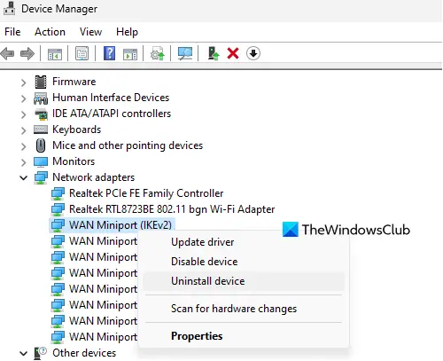 reinstall wan miniport drivers