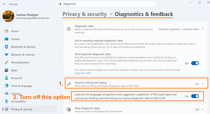 turn off inking typing diagnostic data